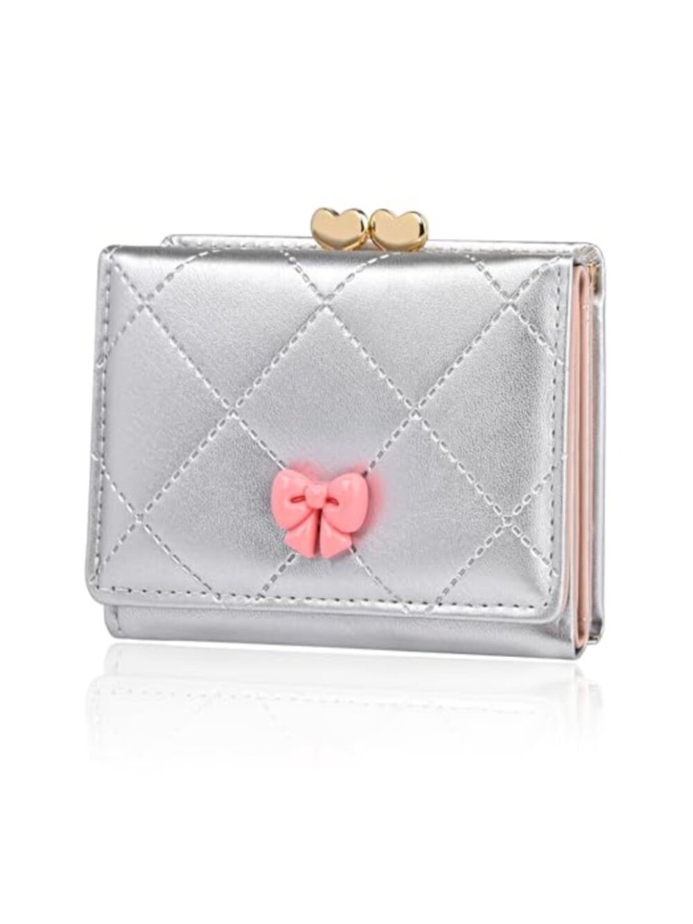 Small Trifold Wallet with Kiss-Lock Coin Pocket & Bow Pattern, PU Leather